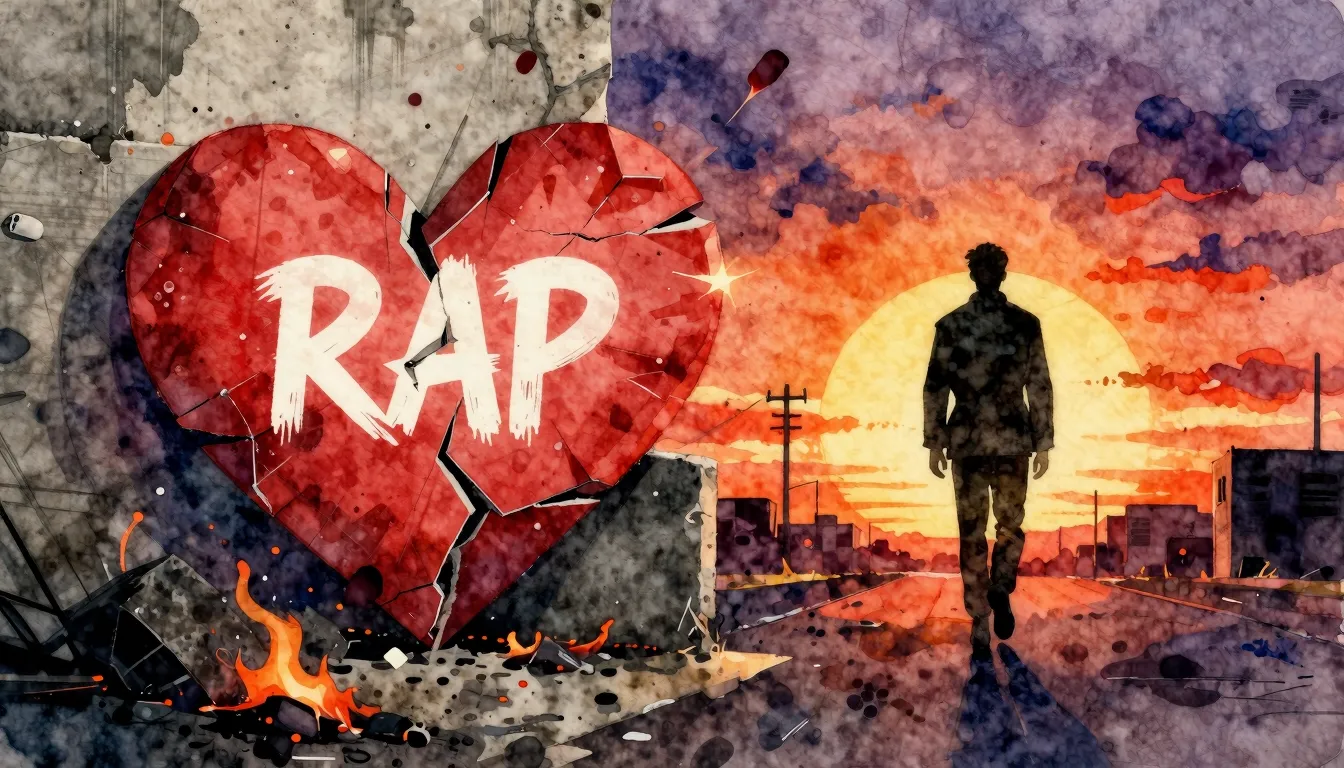 Vibrant watercolor style. Rap album cover. Dark, gritty, urb...