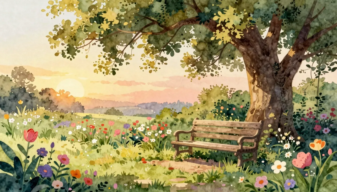 Watercolor style. A beautiful garden with blooming flowers, ...