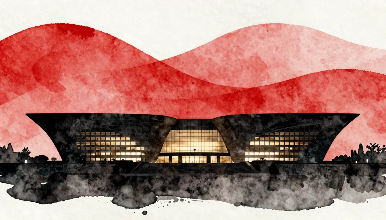 Watercolor style. Silhouette of a modern cultural center bui...