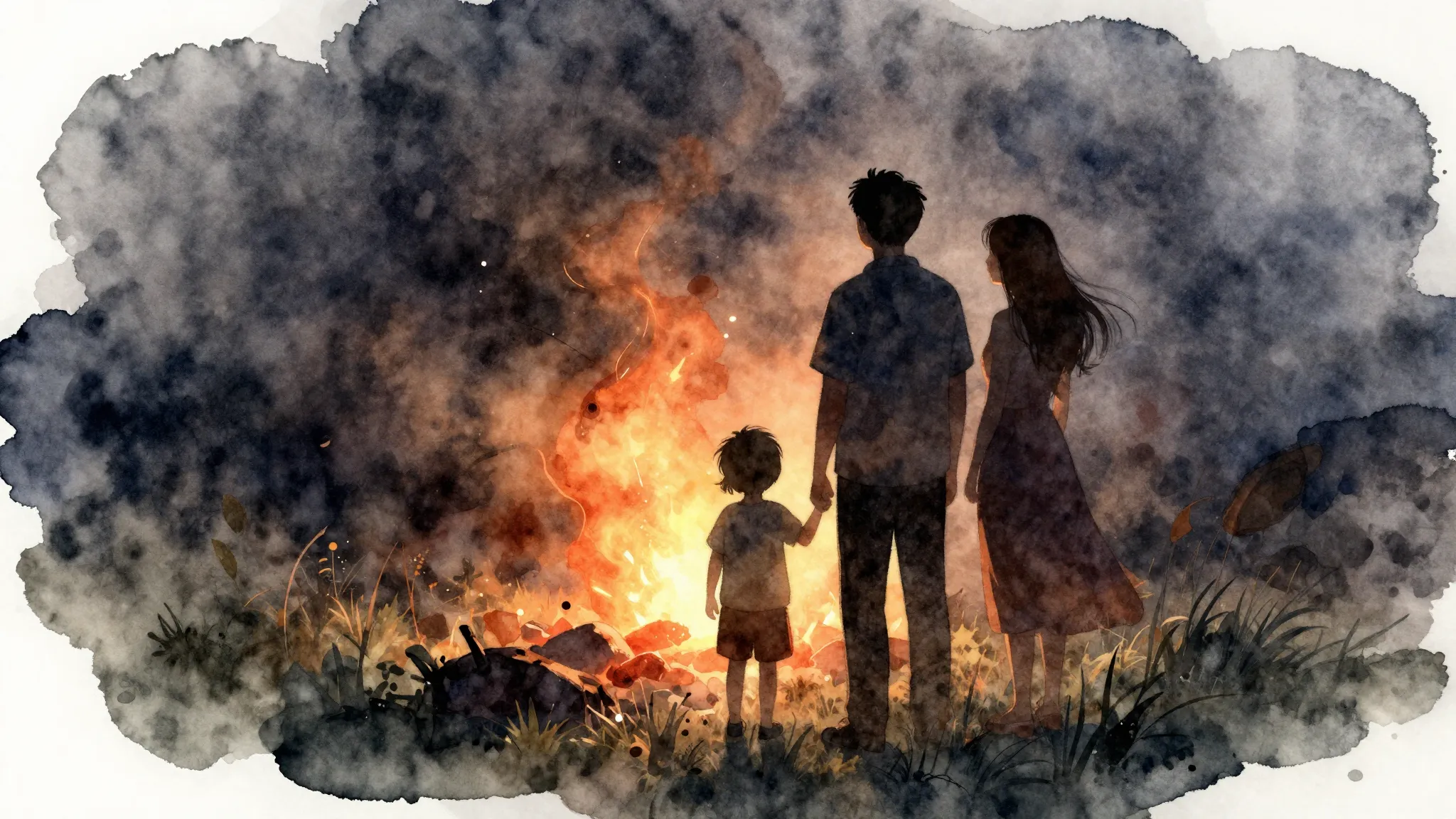Watercolor style. A silhouette of a family standing together...