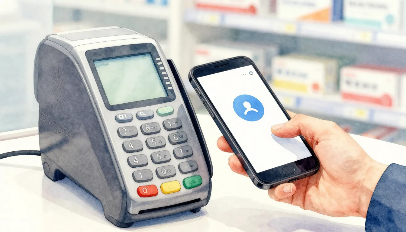 Watercolor style. Close-up of a modern payment terminal in a...