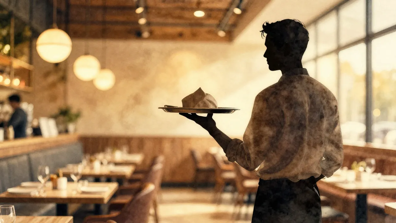 Watercolor style. A warm, cinematic silhouette of a waiter c...