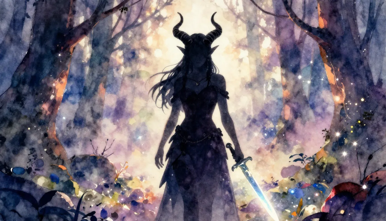 Watercolor style. Silhouette of a female tiefling with long ...