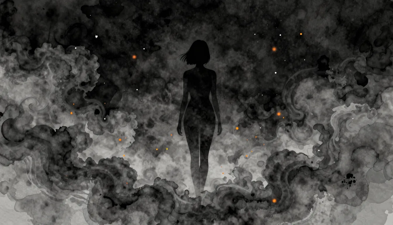 Watercolor style. A dark silhouette of a woman standing in a...