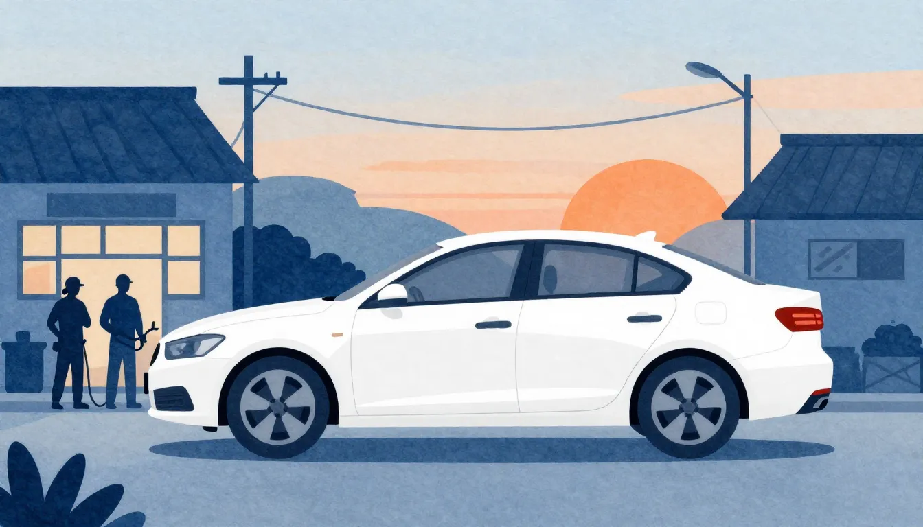 Watercolor style. A white sedan car parked near a village st...