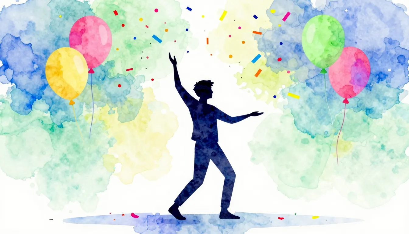Watercolor style. Silhouette of a person dancing under falli...