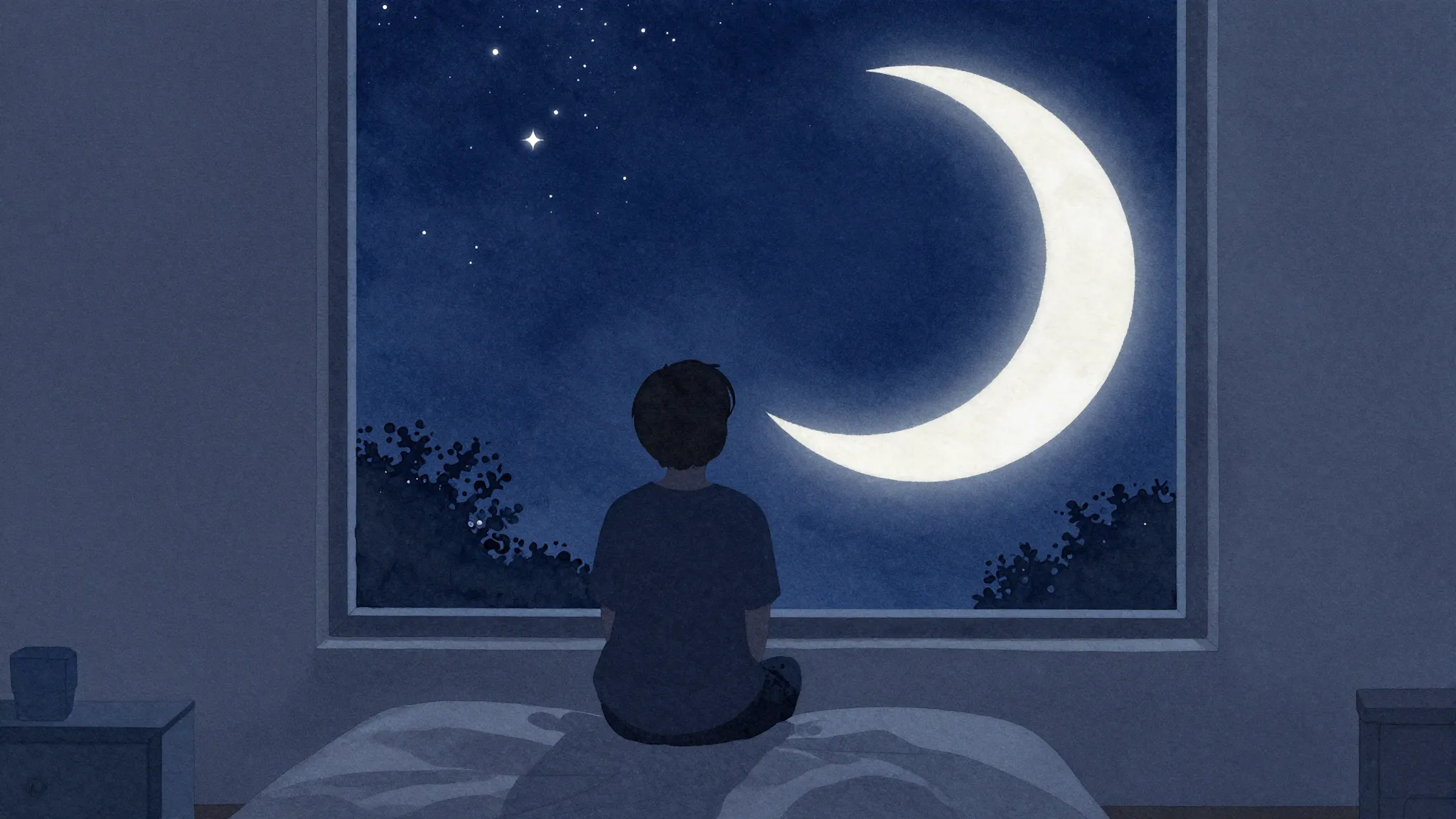 Watercolor style. A silhouette of a person looking at a star...