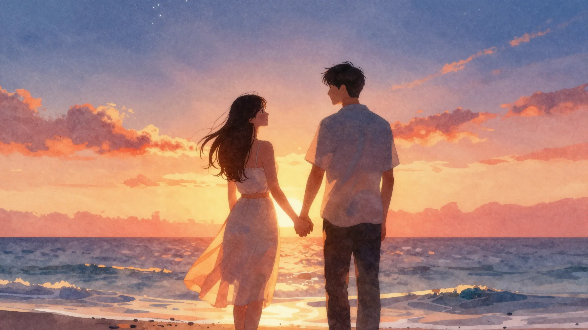 Vibrant watercolor style. Romantic song cover, warm colors, ...