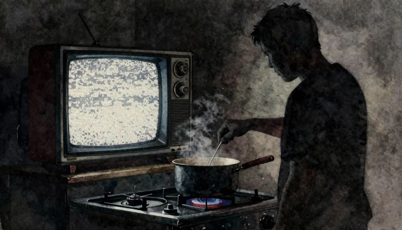 Watercolor style. A silhouette of a person stirring a pot on...