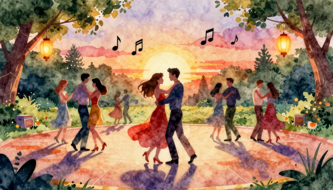 Watercolor style. A vibrant, colorful dance floor in a green...