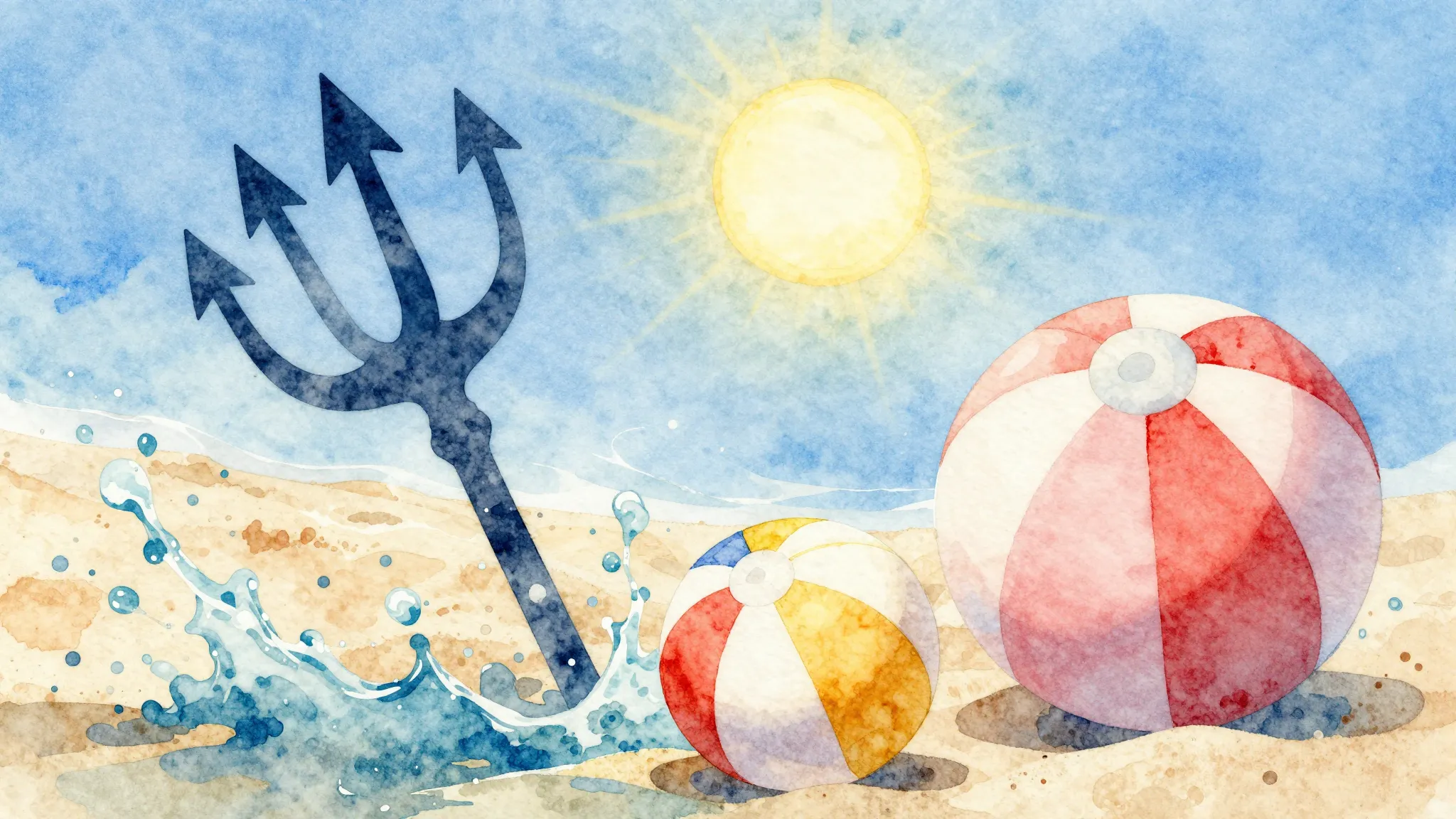 Watercolor style. Vibrant summer scene with water splashes, ...