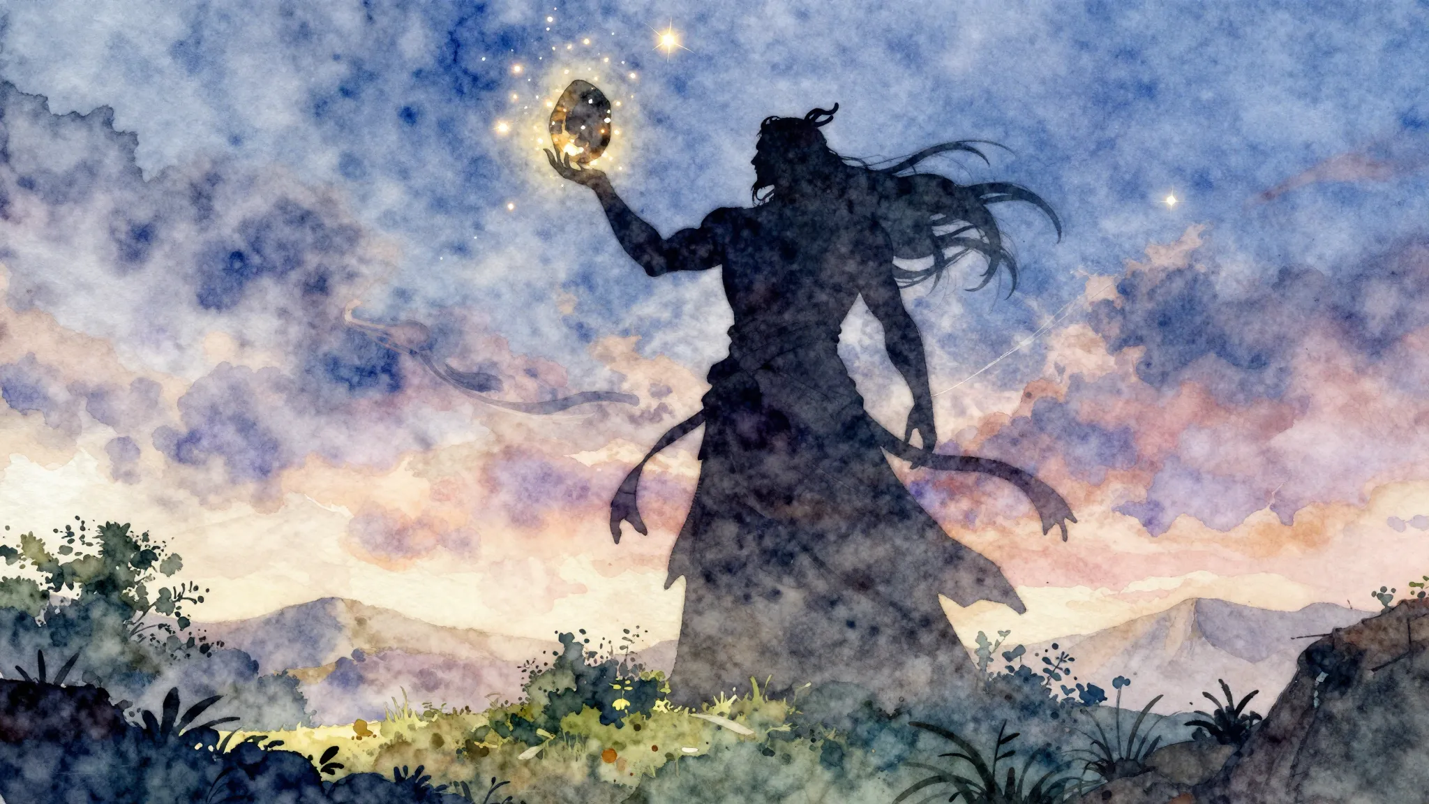 Watercolor style. Silhouette of a powerful mythical figure i...