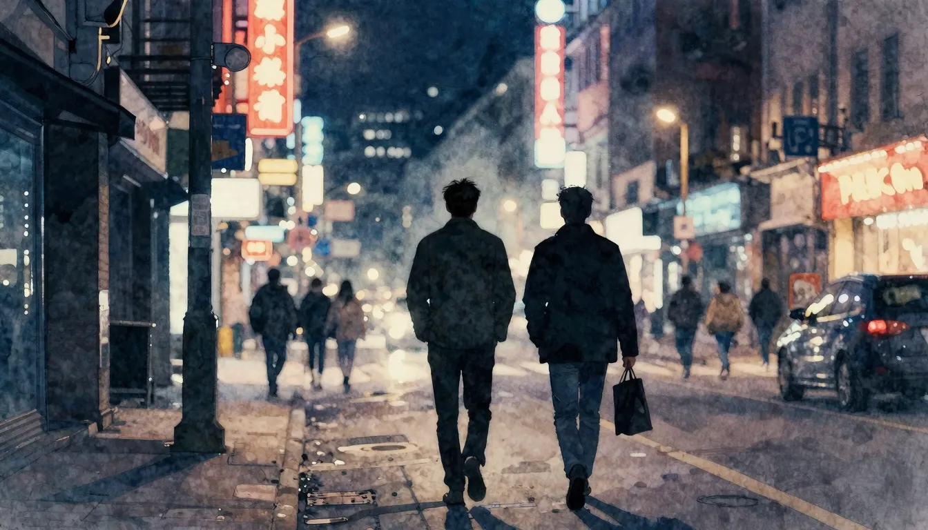 Watercolor style. Urban city street at night, neon lights, 2...