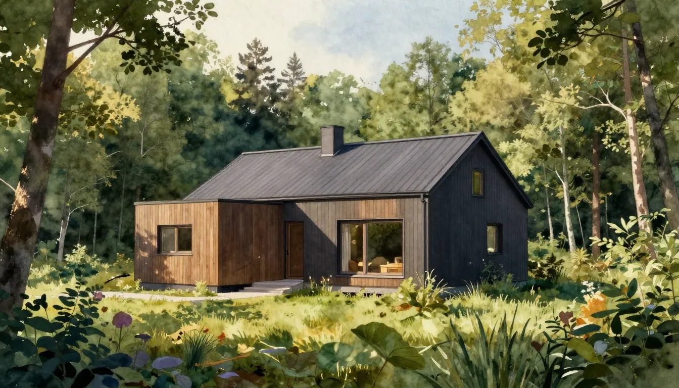 Watercolor style. Cinematic wide shot of a modern Scandinavi...