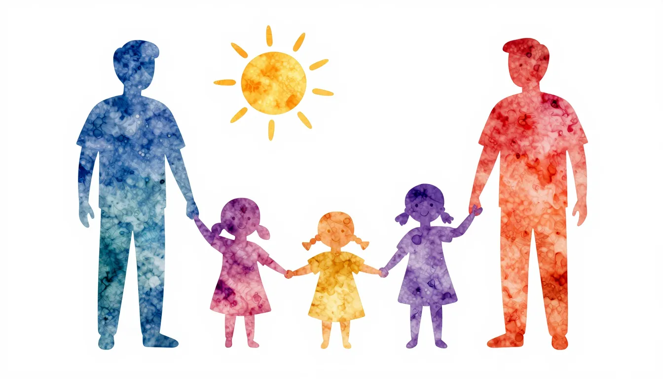 Watercolor style. A colorful silhouette of a happy family ho...