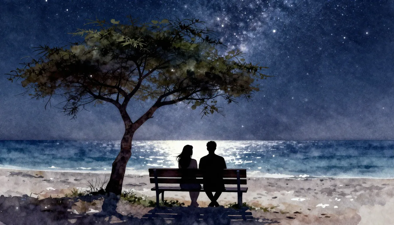 Watercolor style. Silhouette of a couple sitting on a bench ...