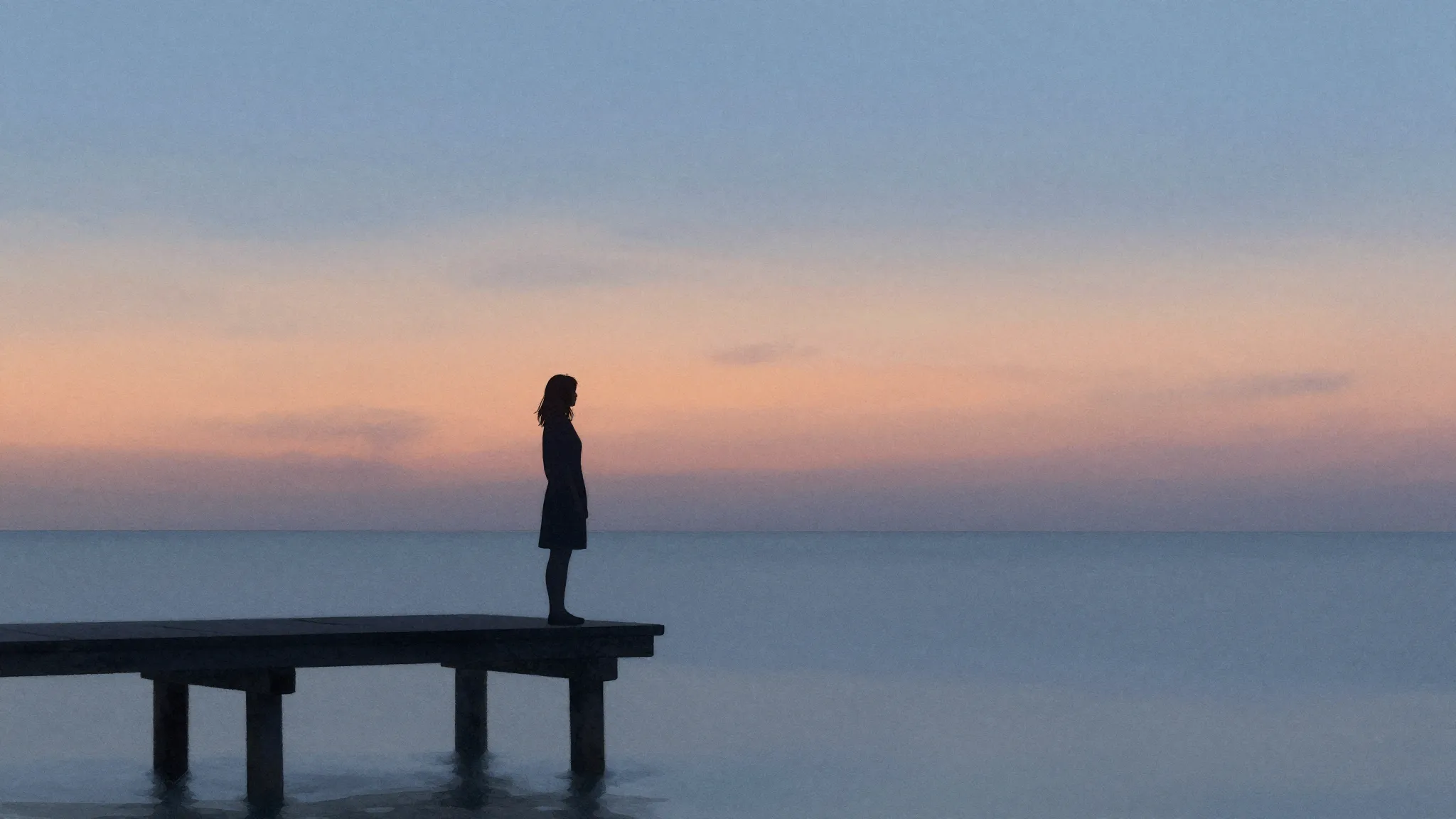 Watercolor style. A lonely silhouette of a woman standing on...