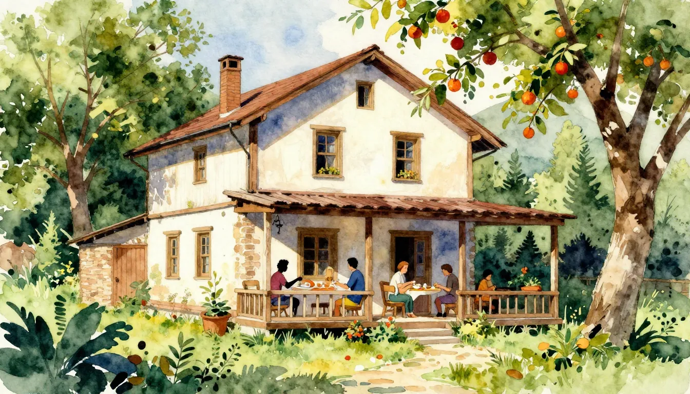 Vibrant watercolor style. A cozy, sun-drenched old house in ...