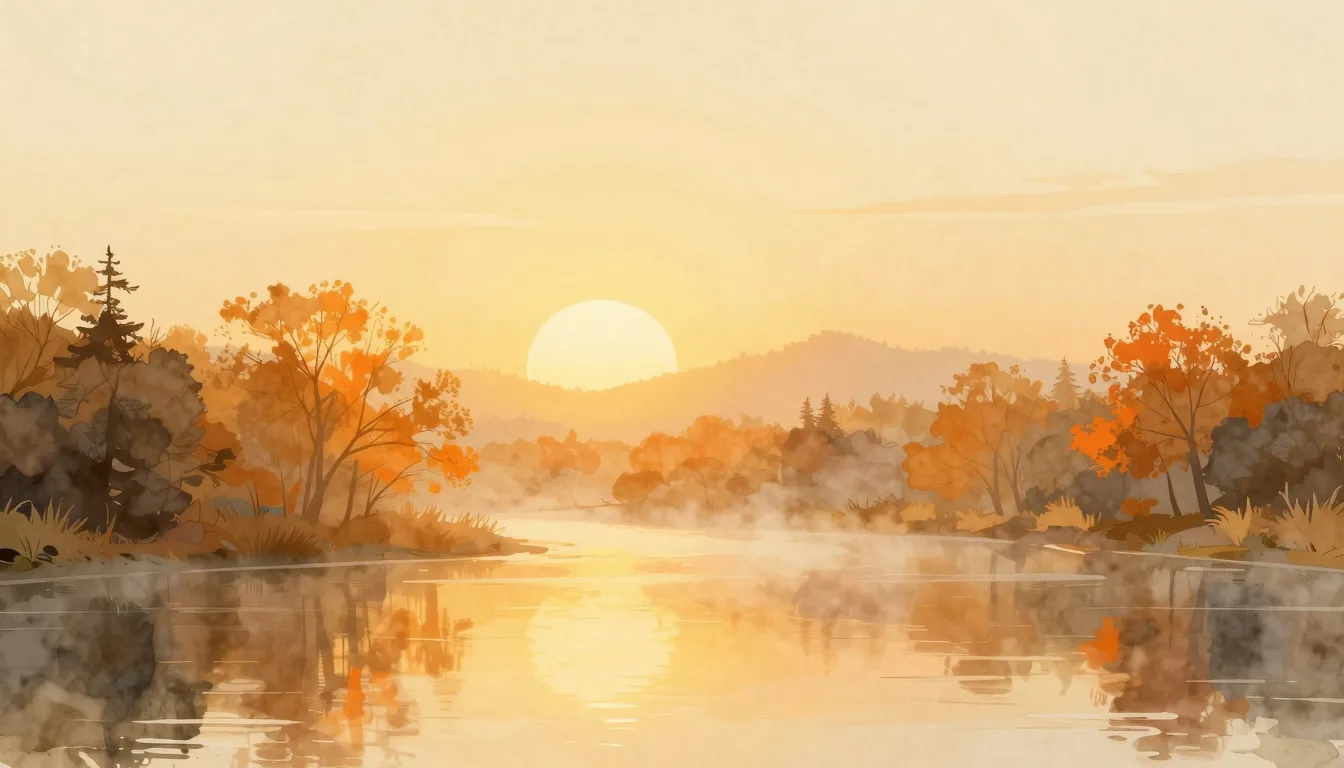 Watercolor style. Golden sunrise over a calm river, silhouet...