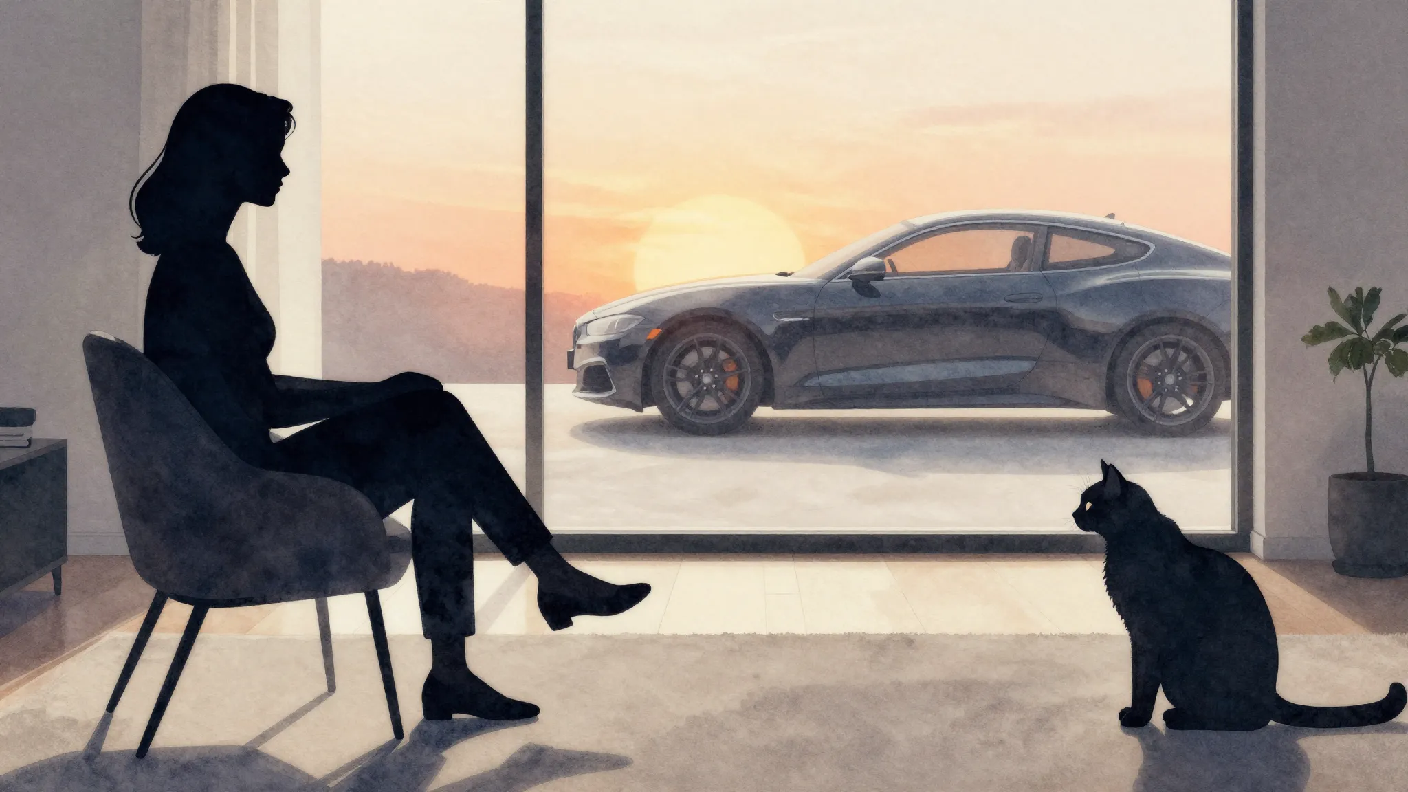 Watercolor style. A silhouette of a woman sitting comfortabl...