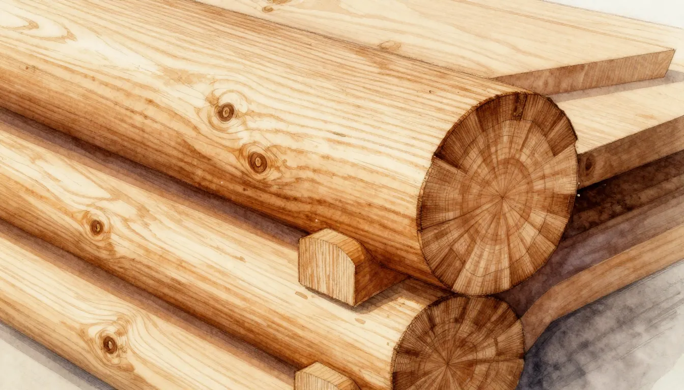 Watercolor style. Close-up of a Norwegian notch log joint, i...