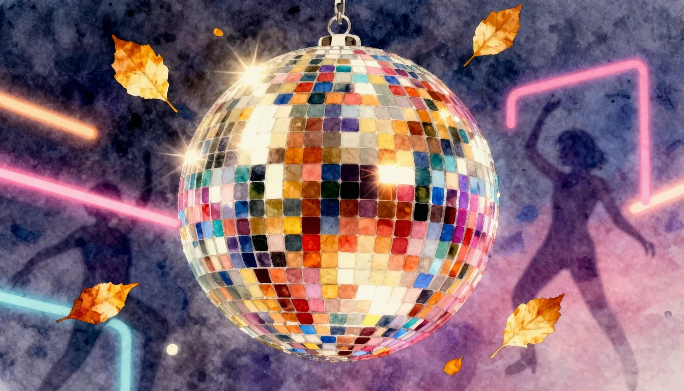 Watercolor style. A bright disco ball reflecting warm autumn...