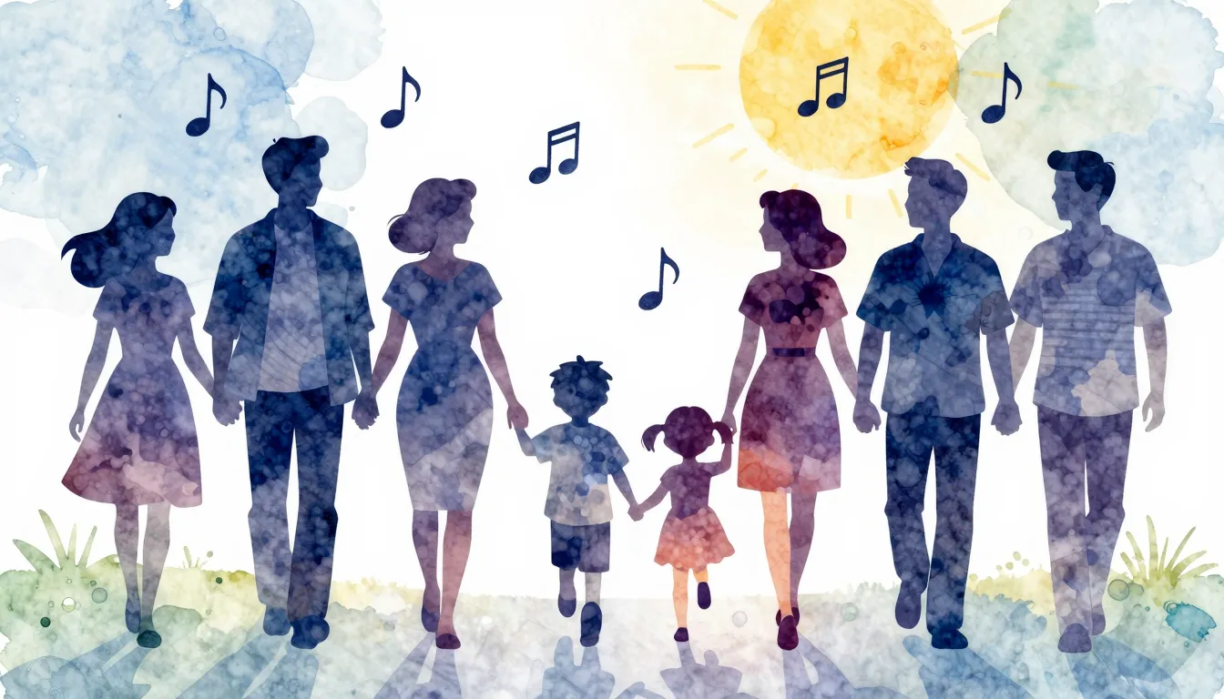 Watercolor style. A cheerful silhouette of a group of adults...