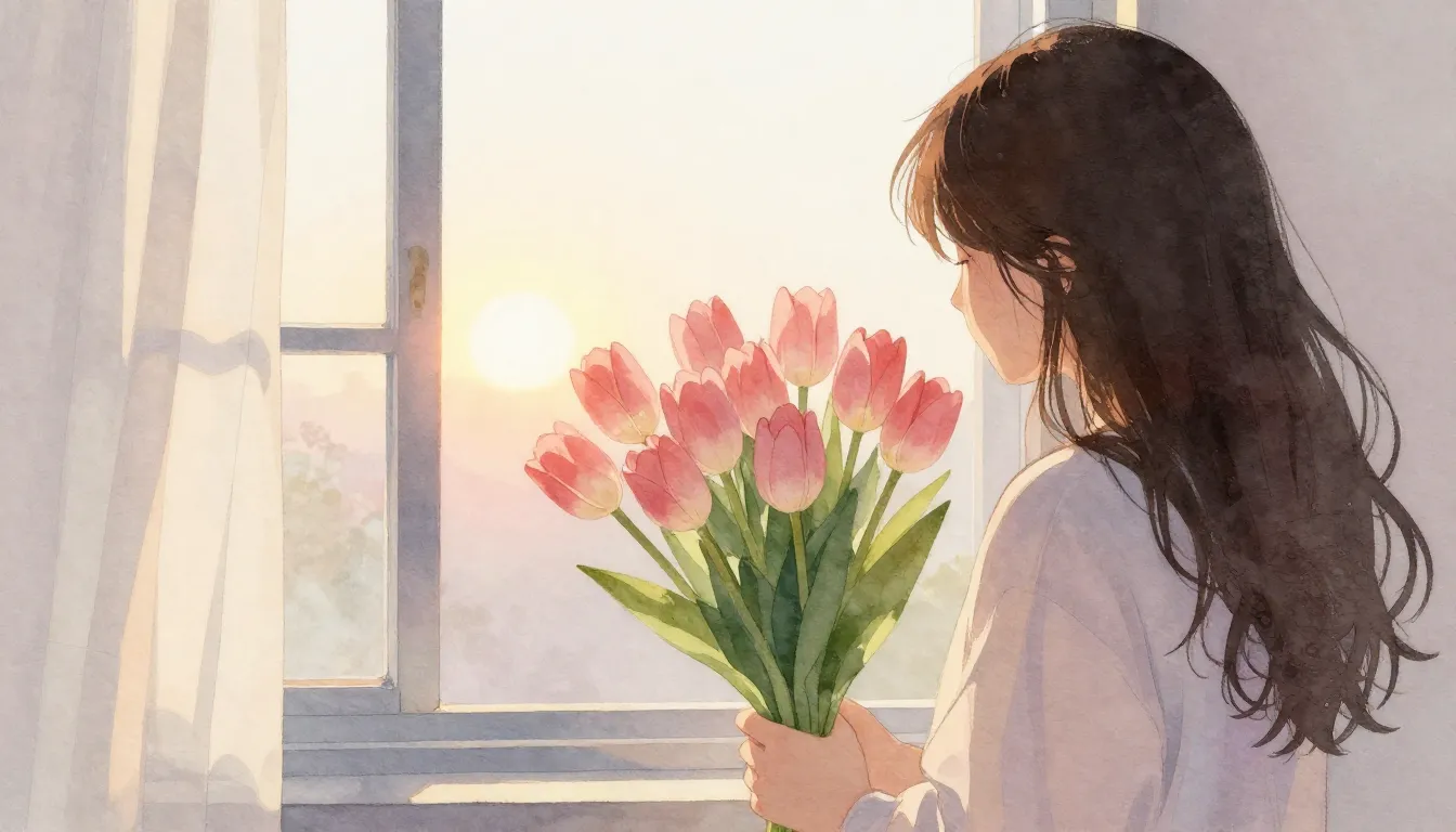 Watercolor style. Silhouette of a person holding a bouquet o...