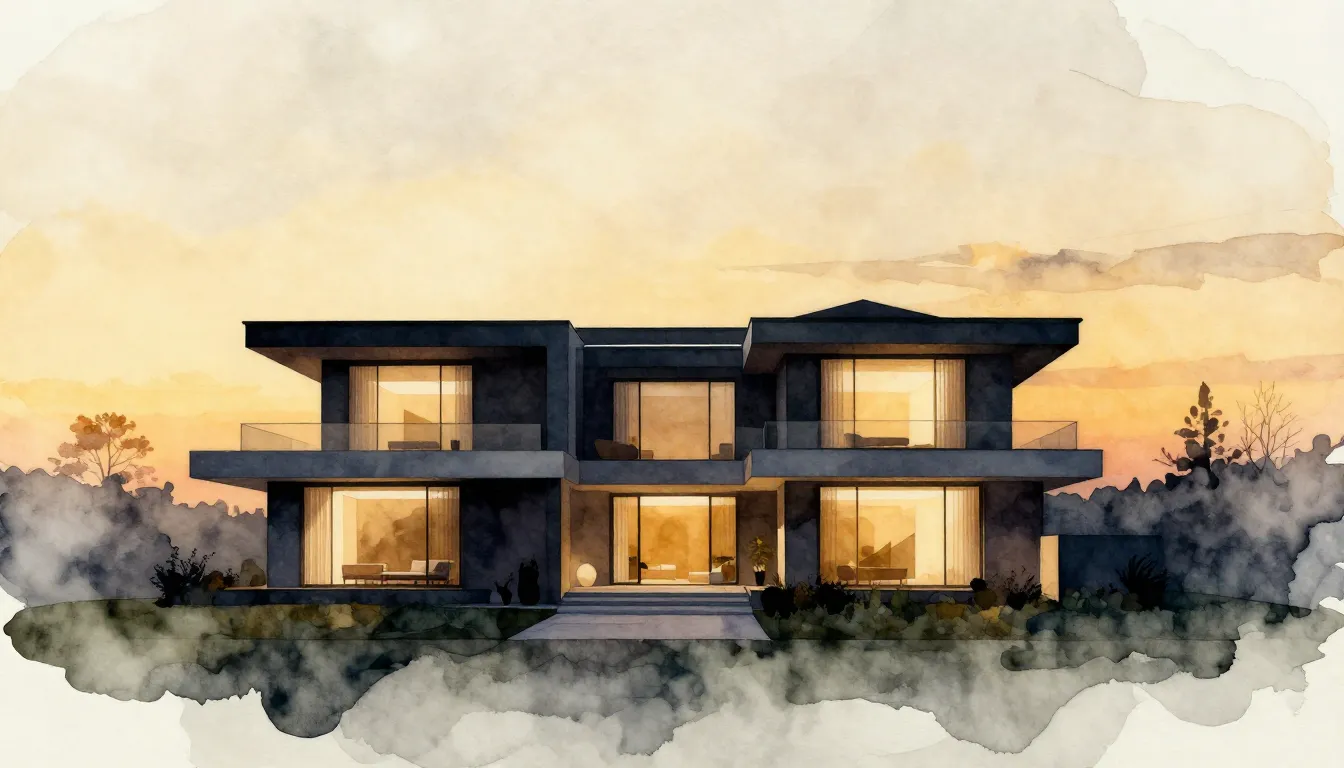 Watercolor style. A silhouette of a luxury modern villa at s...