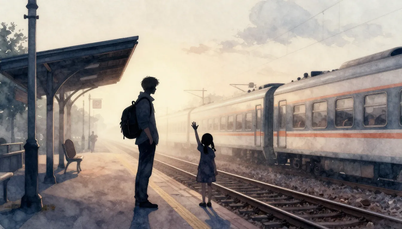 Watercolor style. A lonely train station at dawn, silhouette...