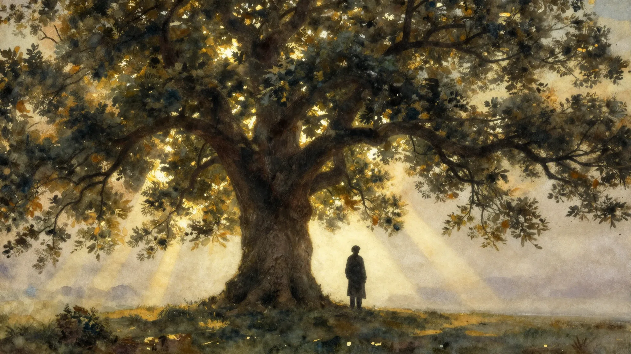 Watercolor style. A dark silhouette of a lonely figure stand...