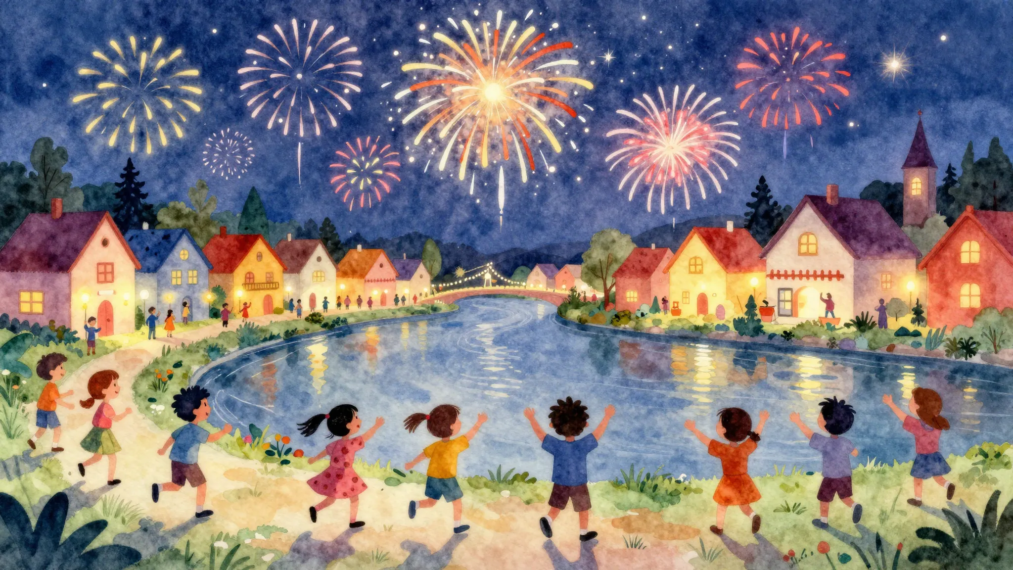 Vibrant watercolor style. Children's song album cover: festi...