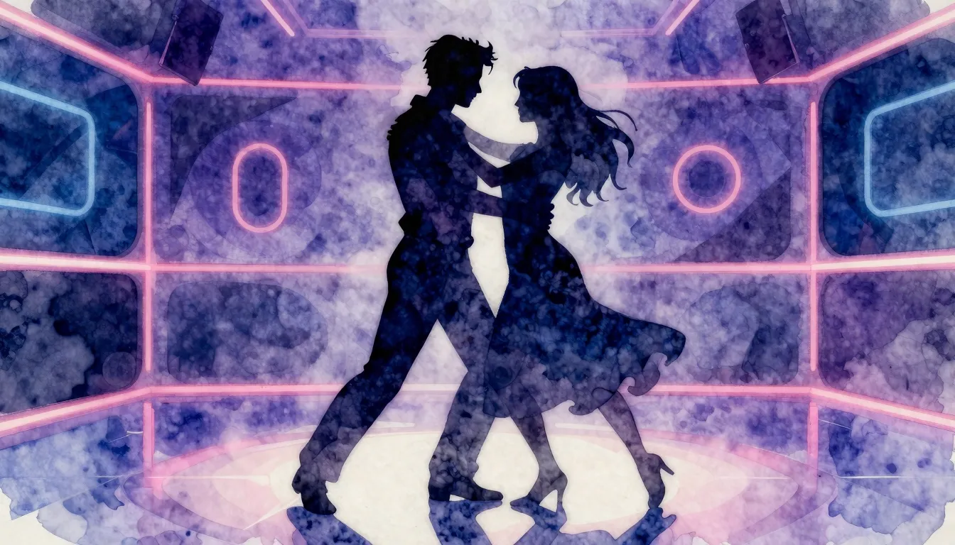 Watercolor style. Two dark silhouettes of a couple dancing i...
