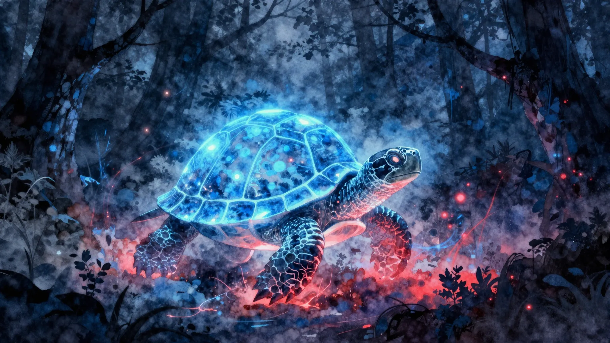 Watercolor style. Dark mystical forest silhouette, glowing b...