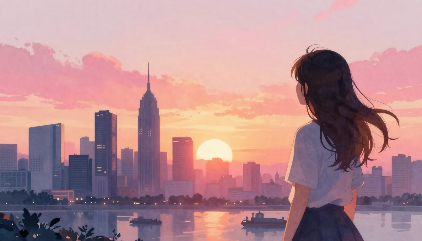 Watercolor style. A bright sunrise over a modern city skylin...