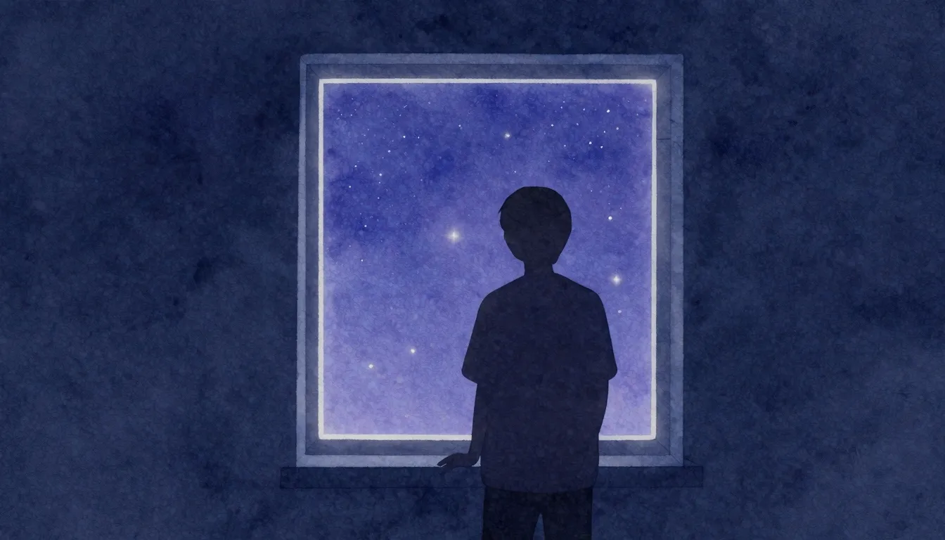 Watercolor style. A dark silhouette of a person standing by ...