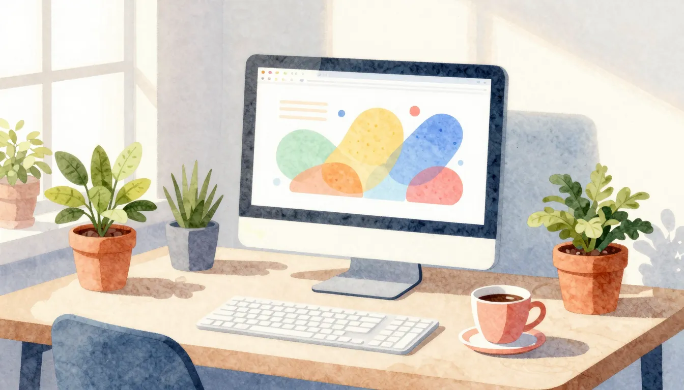Watercolor style. A bright and cheerful workspace with a glo...