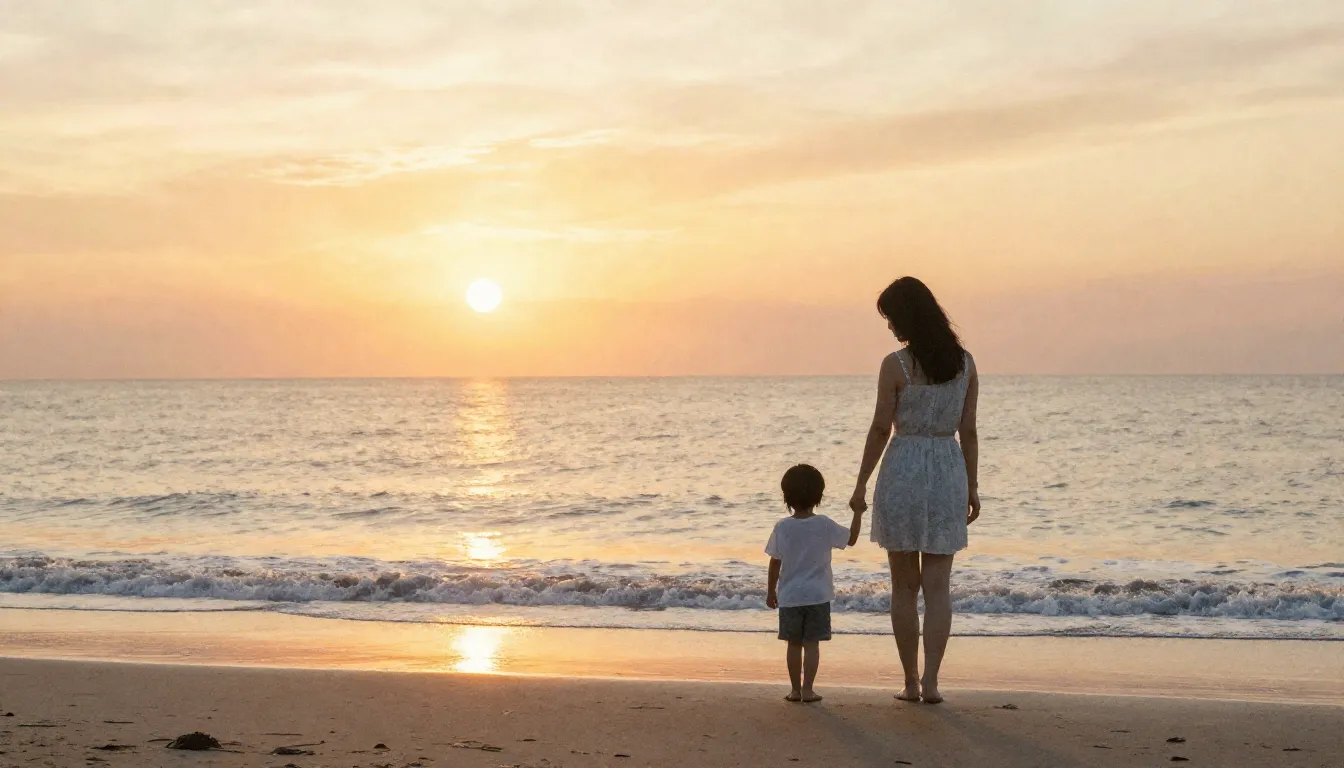 Watercolor style. A warm golden sunset over a calm sea, a si...