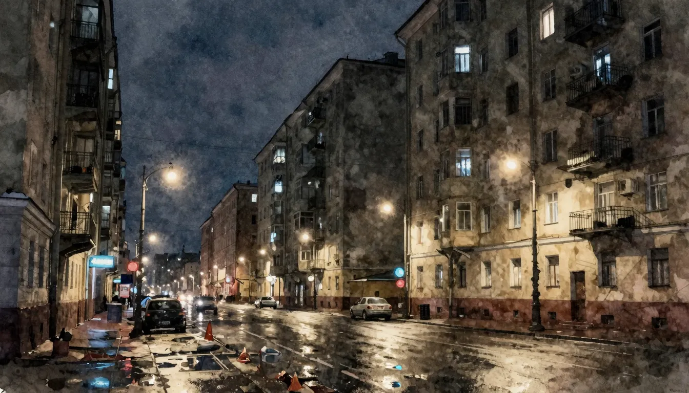 Watercolor style. A dark, gritty urban landscape of Saint Pe...