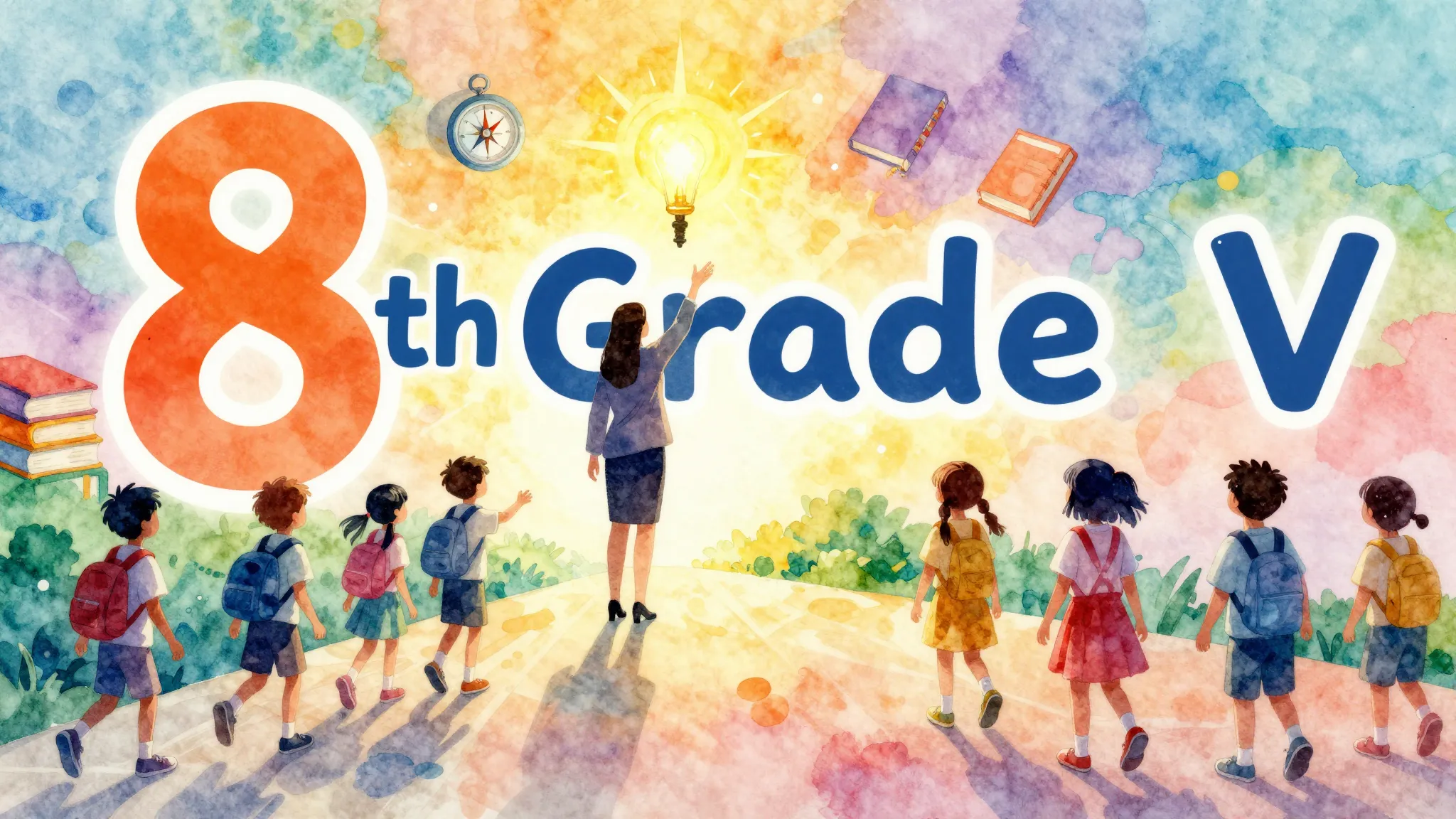 Vibrant watercolor style. Rap album cover: "8th Grade V" the...