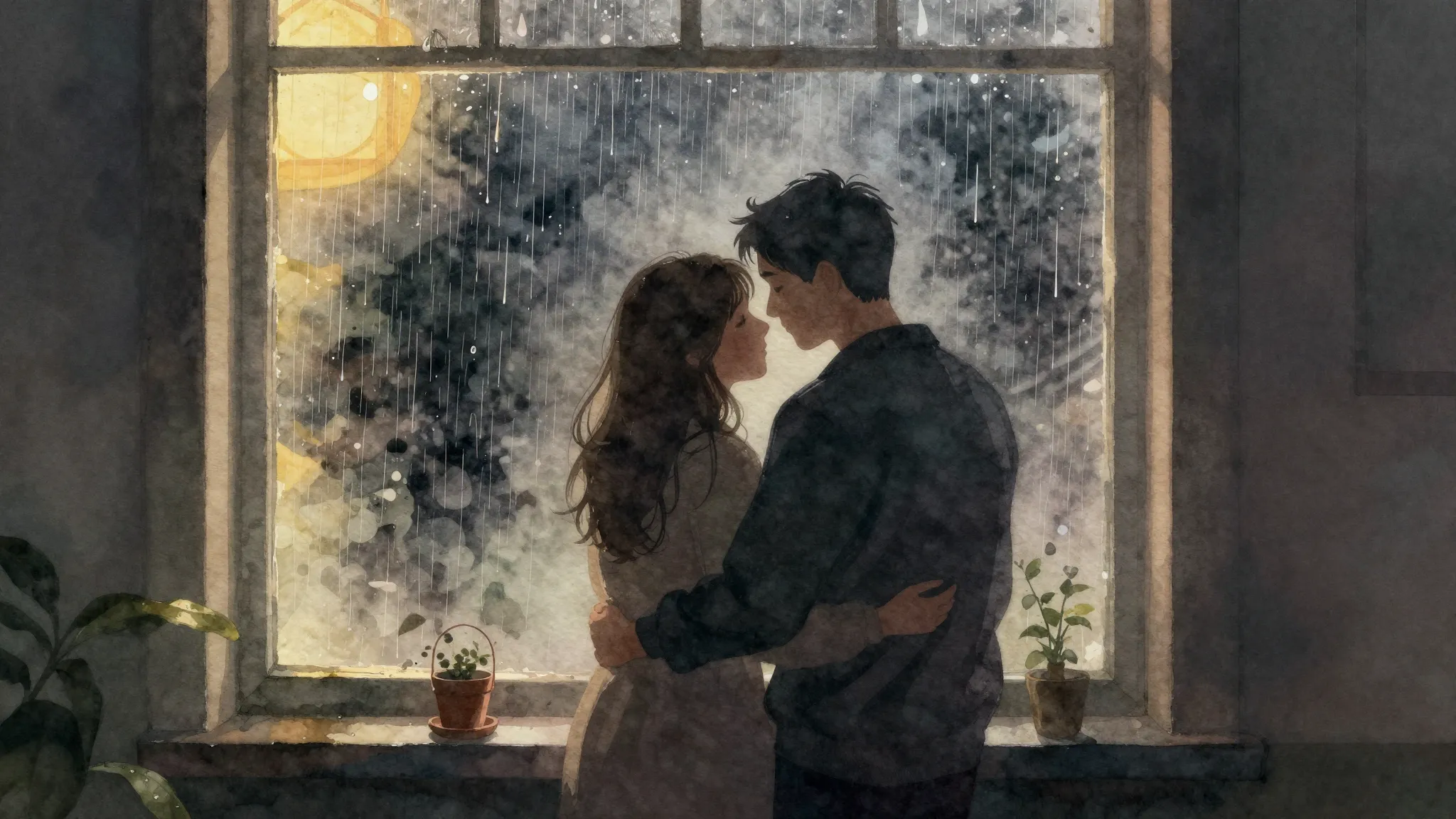 Watercolor style. A silhouette of a couple embracing near a ...