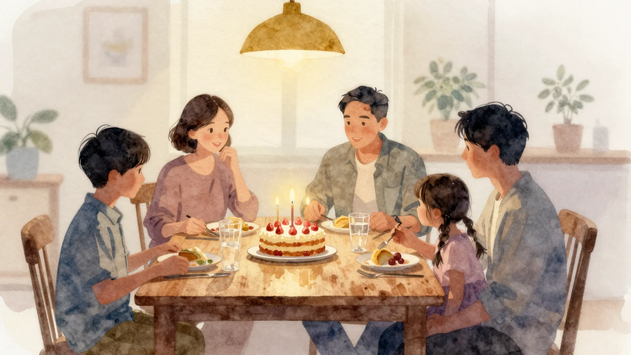 Watercolor style. A cozy family dining table with a birthday...