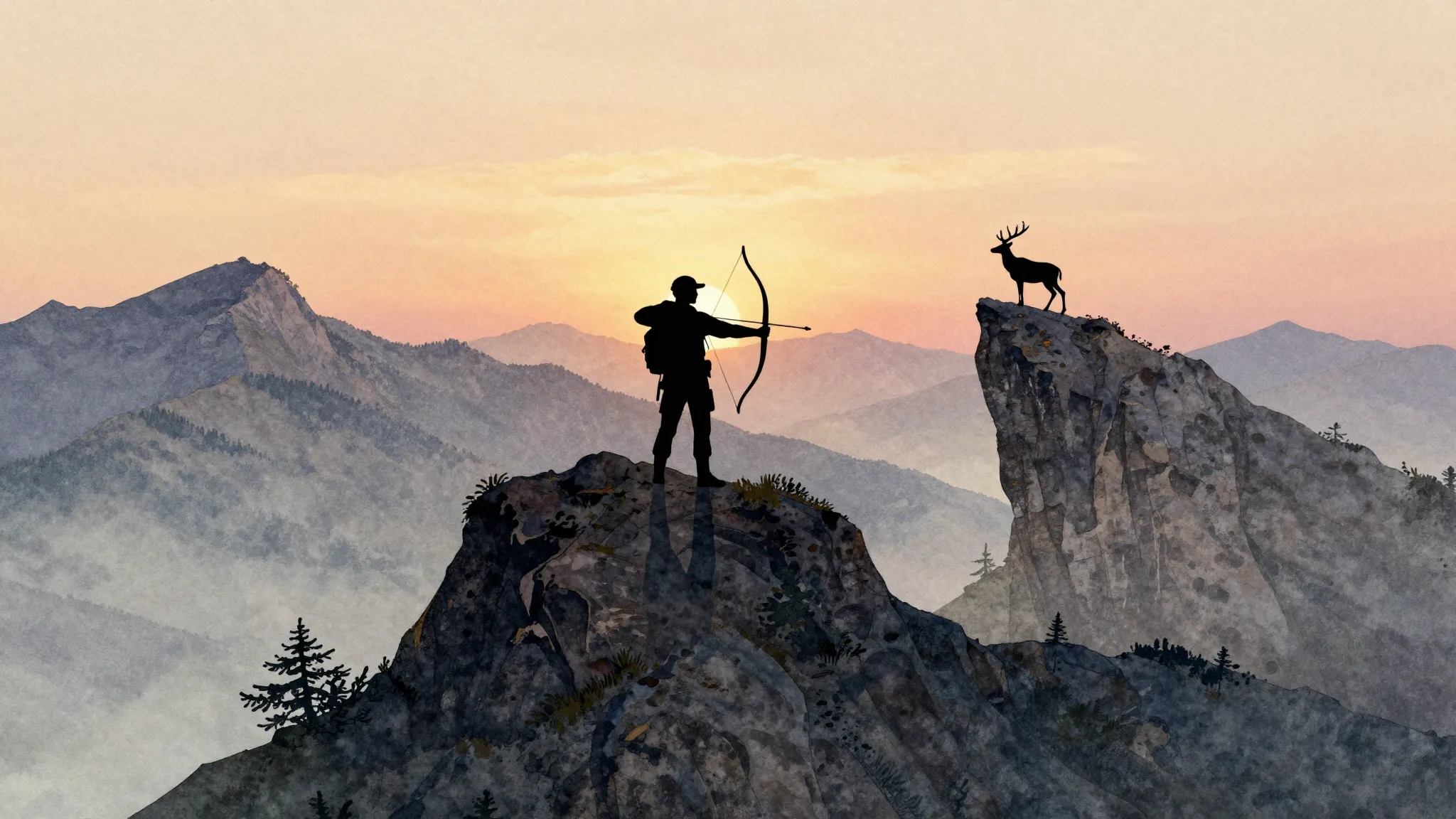 Watercolor style. A silhouette of a hunter with a bow standi...