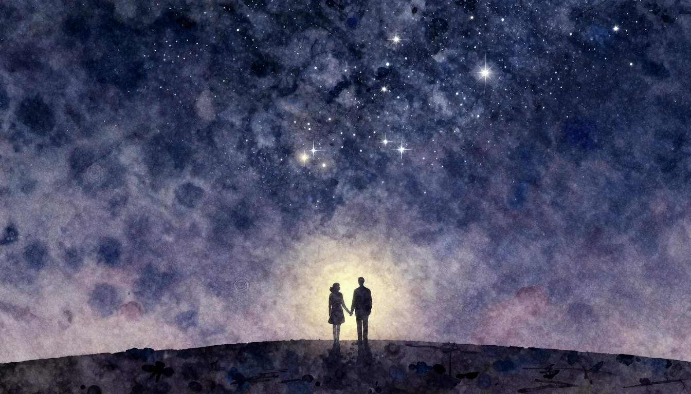 Watercolor style. A silhouette of a couple standing on a hil...