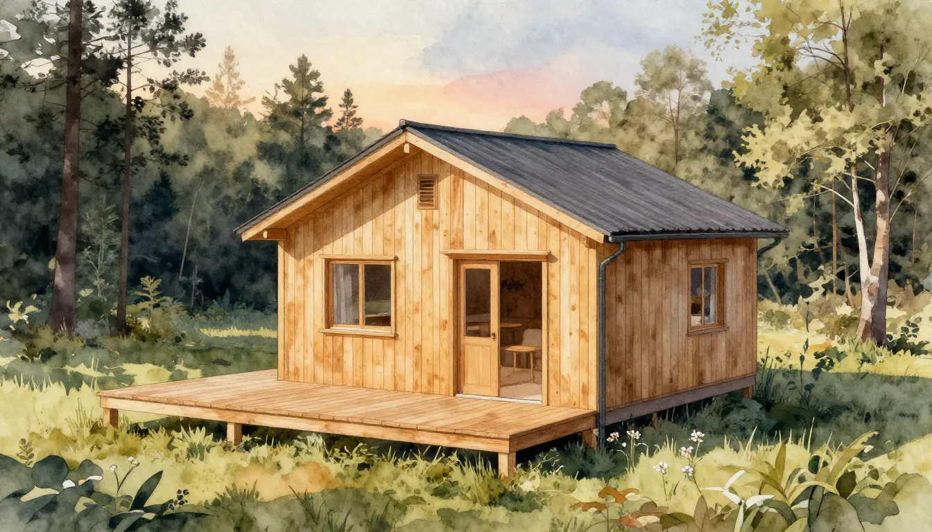 Watercolor style. Small 6x6 frame house with a wide 2x6 terr...