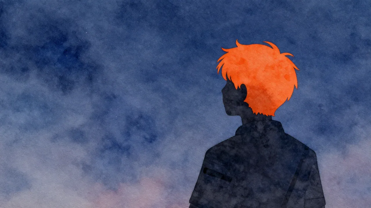 Watercolor style. Silhouette of a person with bright orange ...