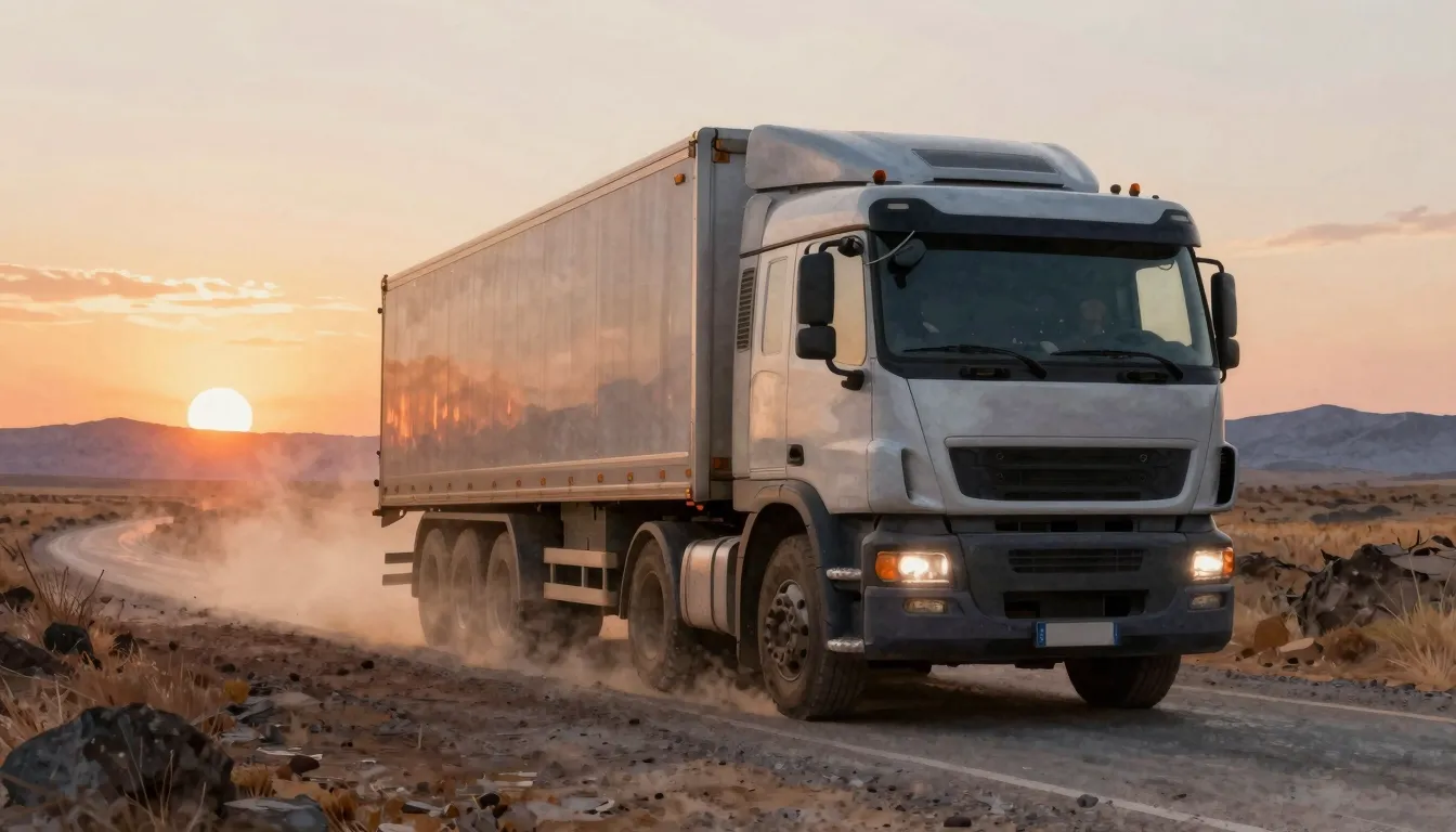 Watercolor style. A heavy truck driving through a dusty road...