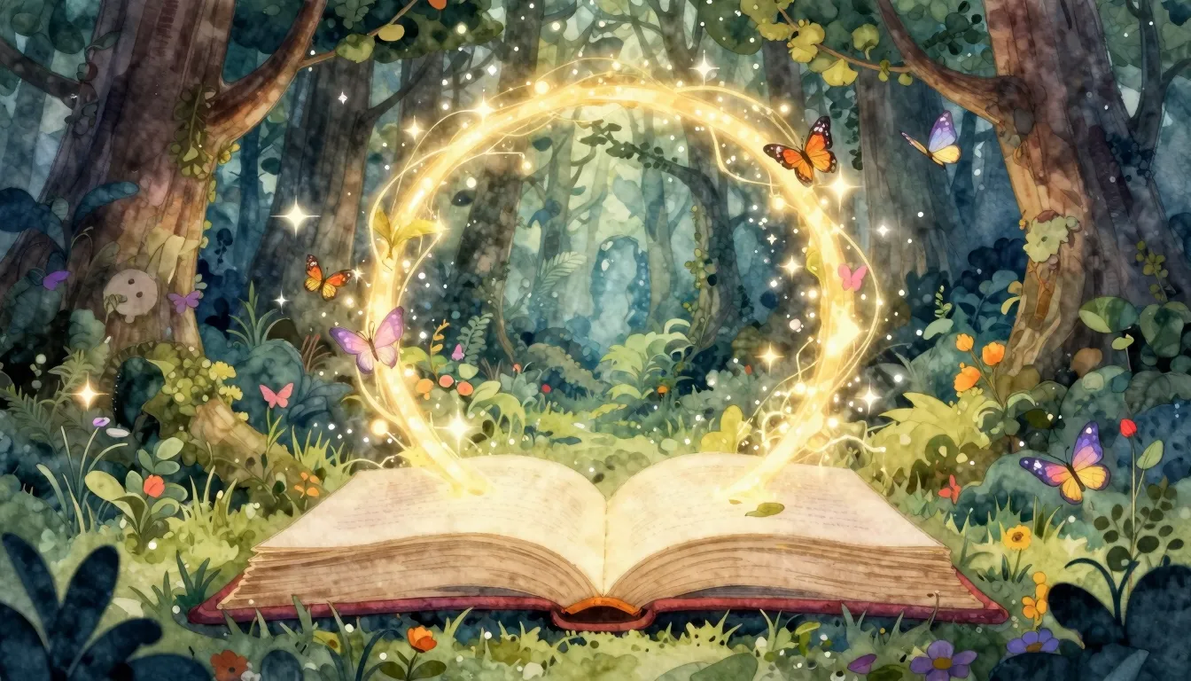 Watercolor style. Magical glowing portal shaped like a giant...