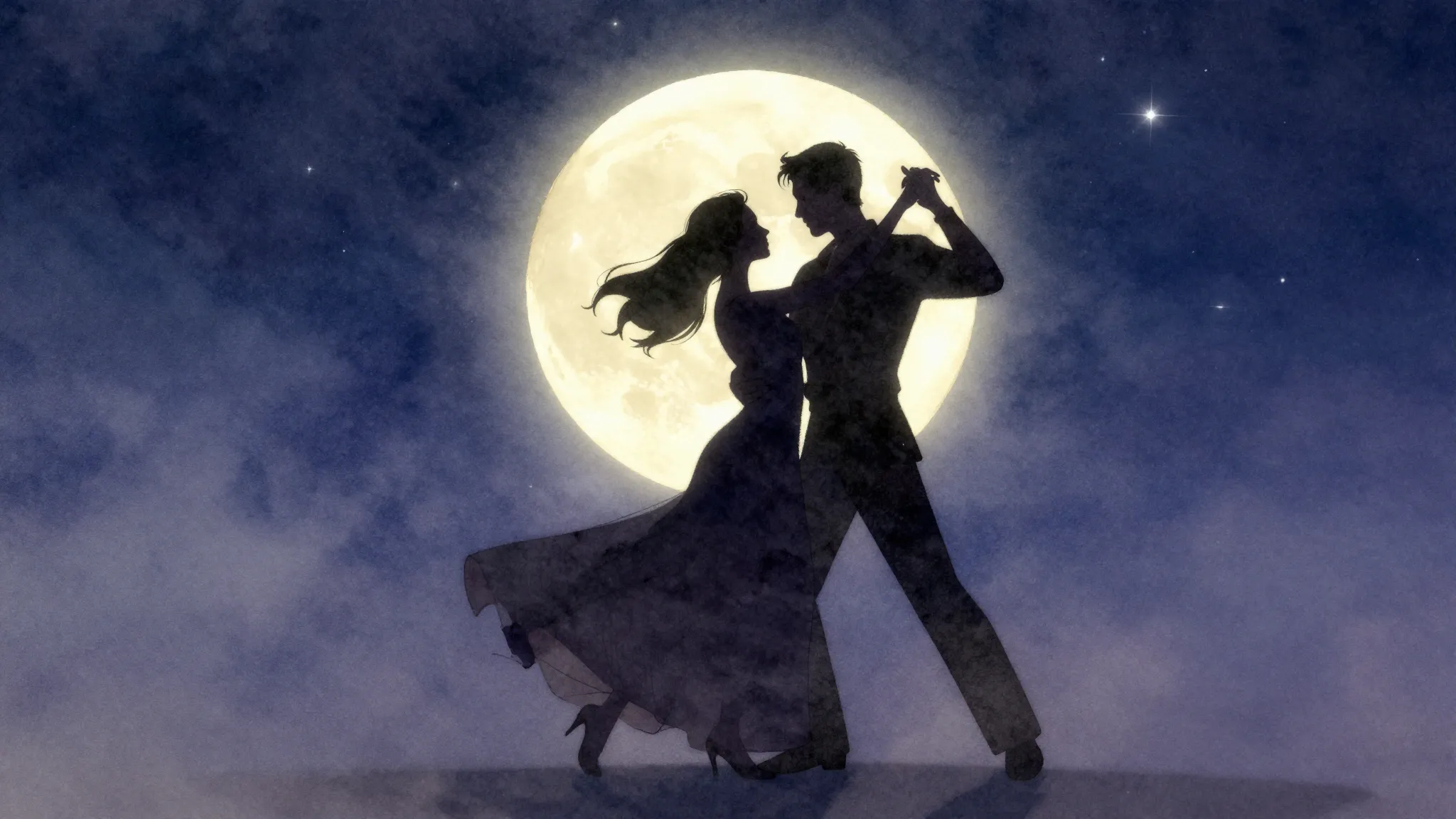 Watercolor style. Silhouette of a couple dancing under a sta...