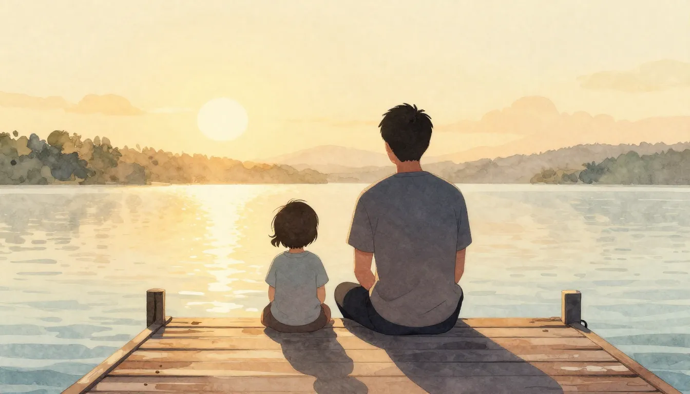 Watercolor style. Stylized silhouette of a man and a child s...